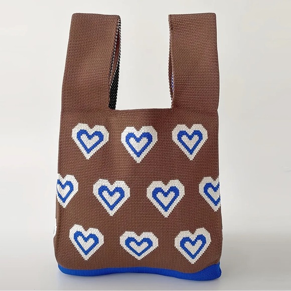 Boutique Handbags - Heavy Woven Knit Heart Pattern Tote Purse Bag Japanese Knot  Closure Style